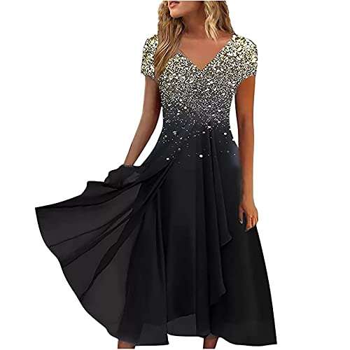 Swing-Kleid Damen Elegante Glitzer Kleider Shiny V-Ausschnitt Abendkleid Kurze Ärmel Plissiertes Maxikleid Chiffon Ballkleid Unregelmäßiger Saum Partykleid Plus Size A-Linien-Kleid S-5XL von Generic