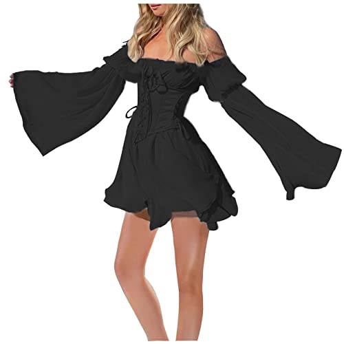 Swing Kleid Damen Langarm Freizeitkleid Elegant Rückenfrei A-Linie Kleider Puffärmel Rüschen Strandkleid Party Off Shoulder Skaterkleid 2in1 One Shoulder Sommerkleid Swing Kleid Damen Langarm Freizeitkleid Elegant Rückenfrei A-Linie Kleider Puffärmel Rüschen Strandkleid Party Off Shoulder Skaterkleid 2in1 One Shoulder Sommerkleid von Generic