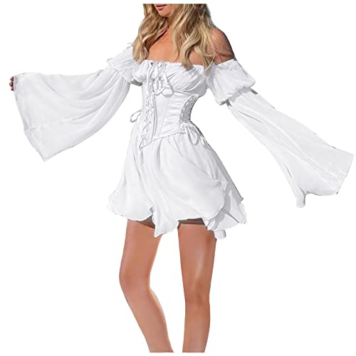 Swing Kleid Damen Langarm Freizeitkleid Elegant Rückenfrei A-Linie Kleider Puffärmel Rüschen Strandkleid Party Off Shoulder Skaterkleid 2in1 One Shoulder Sommerkleid von Generic