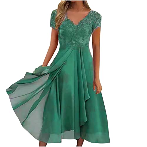 Swing Lang Kleid, Sommer Damen Kleider Knielang Sommerkleid Einfarbig Cocktailkleid Hohe Taille Swing Brautkleid Elegant A-Line Kleider Chiffon Kleid Grün 55,M von Generic