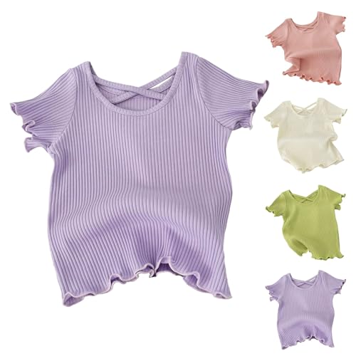 T Shirt Baby Mädchen Kurzarm Baumwoll Tshirt mit Rüschen Coole Basic Tops Einfarbig Kinderkleidung Rundhals Atmungsaktiv Leicht Lässig Oberteile (Purple, 6-7 Years) von Generic
