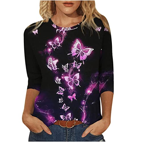 T Shirt Damen 3/4 Arm Damen T-Shirt 3/4 Arm Oberteile Tops Elegant Schmetterling Druck Shirt Tunika Lose Rundhals Sommershirts Mode Damenblusen Langarm Blumen Bluse Tshirt (Schwarz, L) von Generic