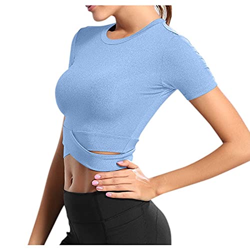 T-Shirt Damen Crop Top Langarm Sportshirt Sexy Sport Oberteil Bauchfrei Sommer Laufshirt Funktionsshirt Atmungsaktiv Leicht Yoga Fitness Shirts Schnelle Trockene Sporttop (Himmelblau, M) von Generic