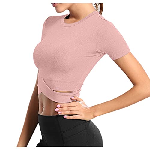 T-Shirt Damen Crop Top Langarm Sportshirt Sexy Sport Oberteil Bauchfrei Sommer Laufshirt Funktionsshirt Atmungsaktiv Leicht Yoga Fitness Shirts Schnelle Trockene Sporttop (Rosa, S) von Generic