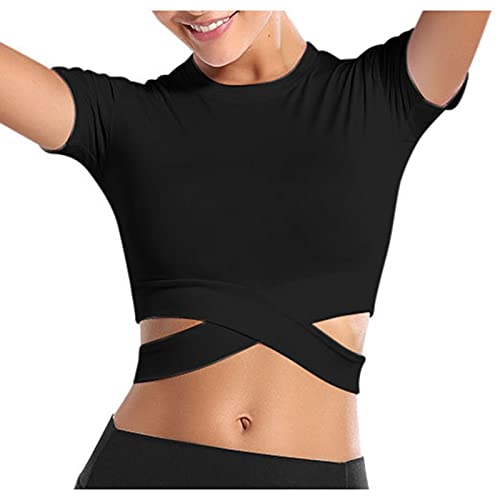 T-Shirt Damen Crop Top Langarm Sportshirt Sexy Sport Oberteil Bauchfrei Sommer Laufshirt Funktionsshirt Atmungsaktiv Leicht Yoga Fitness Shirts Schnelle Trockene Sporttop (Schwarz, L) von Generic