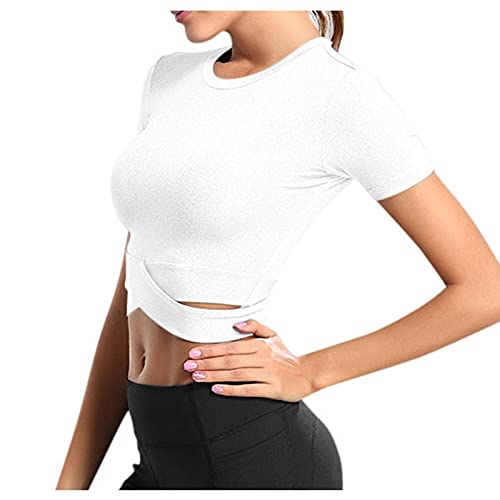 T-Shirt Damen Crop Top Langarm Sportshirt Sexy Sport Oberteil Bauchfrei Sommer Laufshirt Funktionsshirt Atmungsaktiv Leicht Yoga Fitness Shirts Schnelle Trockene Sporttop (Weiß, M) von Generic