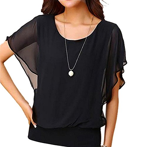 T-Shirt Damen Kurzarm Fledermaus Batwing Chiffon Bluse Rundkragen Oberteile Tunika Tops Wickelshirt Tunika Kurzarmshirt Sommershirt Casual Lose Bequem Blusenshirt Große Größen von Generic