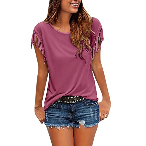 T Shirt Damen Kurzarm mit Fransen - Oberteile Damen Sommer Bluse Slim Fit Western Mode Tunika Top Einfarbig Boho Tshirt Strand Urlaub T-Shirts Blusen & Tuniken für Frauen Teenager Mädchen von Generic