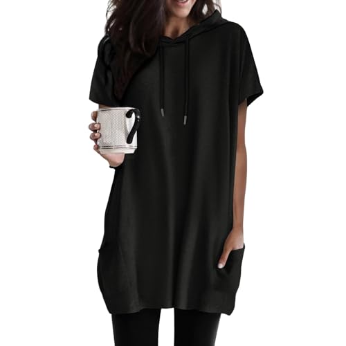 T Shirt Damen Lang mit Kapuze - Longshirt Damen Kurzarm Oberteile Sommer Tunika Bluse Solide Longtops Lässige Locker Hoodie Tshirt Taschen Rundhals Long Tops Pullover Blusen & Tuniken für Frauen von Generic