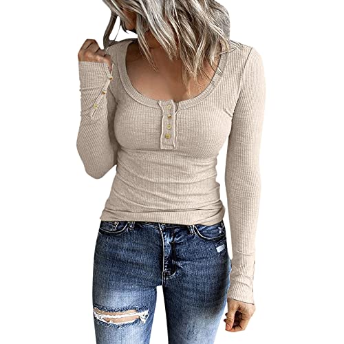 T Shirt Damen Langarm - Basic Langarmshirt Damen Ribbed Strick,Enges Oberteil Damen Langarm Henley Knopfleiste U-Ausschnitt Pullover Tshirt Slim Fit Tunika Top Bluse Longshirt für Frauen von Generic