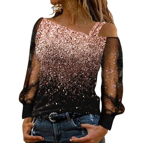 T-Shirt Damen Schulterfrei Oberteile Sexy Glitzer Langarmshirt Casual Mode Langarm Shirt Bluse Tops Tunika Elegant Einfarbig Pullover Jumper Herbst Winter Spitze Streetwear Laufshirt von Generic