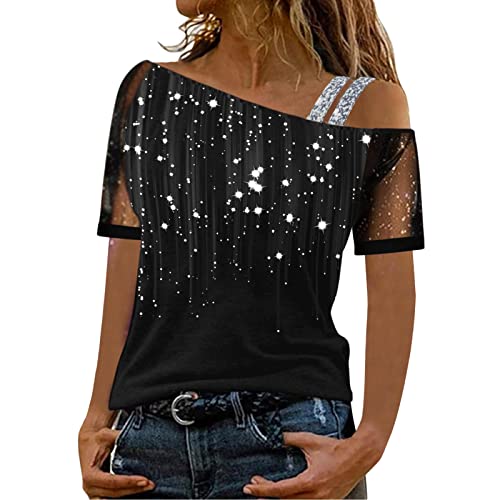 T-Shirt Damen Schulterfrei Oberteile Sexy Glitzer Langarmshirt Casual Mode Langarm Shirt Bluse Tops Tunika Elegant Einfarbig Pullover Jumper Herbst Winter Spitze Streetwear Laufshirt von Generic