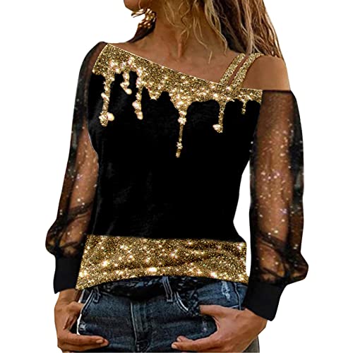 T-Shirt Damen Schulterfrei Oberteile Sexy Glitzer Langarmshirt Casual Mode Langarm Shirt Bluse Tops Tunika Elegant Einfarbig Pullover Jumper Herbst Winter Spitze Streetwear Laufshirt von Generic