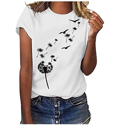 T-Shirt Damen Sommer Bluse Oberteile Rundhals Basic Shirts Elegant Tunika Tops Kurzarm Sommershirt Mode Löwenzahn Druck Blusenshirt Klassische Weiss Tees Streetwear Sportshirt Laufshirt für Frauen von Generic