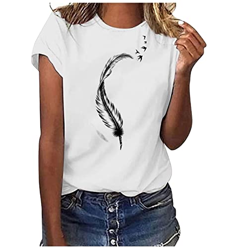 T-Shirt Damen Sommer Bluse Oberteile Rundhals Basic Shirts Elegant Tunika Tops Kurzarm Sommershirt Mode Löwenzahn Druck Blusenshirt Klassische Weiss Tees Streetwear Sportshirt Laufshirt für Frauen von Generic