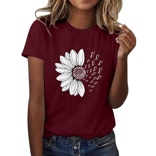 T-Shirt Damen Sommer Kurzarm Mode Hemd Bluse O-Ausschnitt Blumen Drucken Sommershirt Oberteil Tops Pullover Casual Rundhals Damenbluse Kurzen Ärmel Locker Kurzarm Bluse Tunika Shirt Tops Sportshirt von Generic
