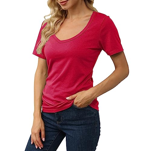 T-Shirt Damen V Ausschnitt Eng,Oberteile Mit Kurzarm Einfarbig Basic Unterhemden Große Größen Tshirts Leicht Und Luftig Sommershirt Slim Fit Tunika-Tops Aesthetic Streetwear von Generic