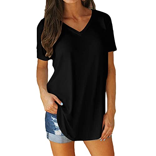 T Shirt Damen V Ausschnitt - Oberteile Damen Kurzarm Tunika Sommer Bluse Longshirt Lose Casual Einfarbig Tops Seitenschlitz Saum Baumwolle Longtops T-Shirts von Generic