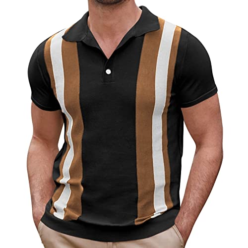 T-Shirt Herren Poloshirt Kurzarm Golf T-Shirt Klassische Casual Polohemd Spleißstreifen Gestreiftes Tops ArbeitsHemd Kurzarmshirt mit Waffelmuster und kurzen Ärmeln(Schwarz,XXL) von Generic