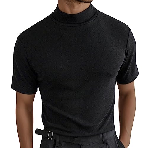 T-Shirt Herren Sommer Kurzarm Rollkragen Hemd Slim Fit Stretch Tshirt Oberteile Elegant Einfarbig Unterhemd mit Stehkragen Freizeithemden Basic T Shirts Männer Lässig Tops Schwarz Weiß Grau von Generic