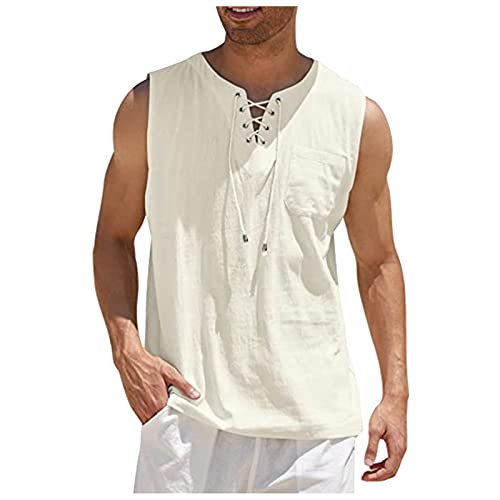 T Shirt Herren Tanktop Herren Gym Baumwolle-Leinen T-Shirt Hippie Shirts Ärmelloses Yoga Top Herrenmode Seaside Holiday Vest Leinen Unterhemd Herren Arbeits T-Shirt Herren Beige XXL von Generic