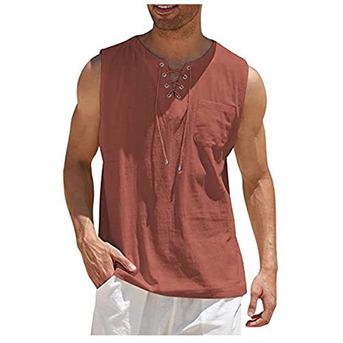 T Shirt Herren Tanktop Herren Gym Baumwolle-Leinen T-Shirt Hippie Shirts Ärmelloses Yoga Top Herrenmode Seaside Holiday Vest Leinen Unterhemd Herren Funktionsshirt Herren Rot L von Generic