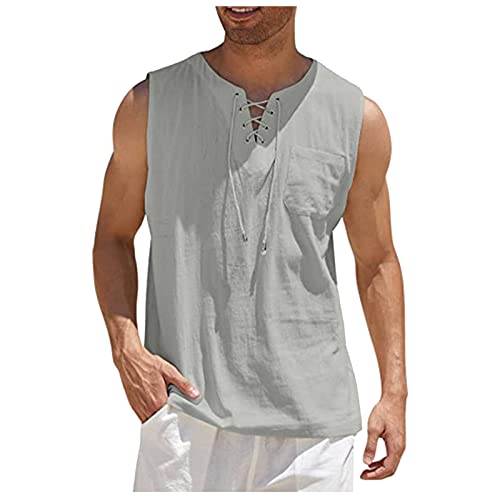 T Shirt Herren Tanktop Herren Gym Baumwolle-Leinen T-Shirt Hippie Shirts Ärmelloses Yoga Top Herrenmode Seaside Holiday Vest Leinen Unterhemd Herren Kurzarmhemd Herren grau 4XL von Generic