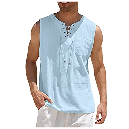 T Shirt Herren Tanktop Herren Gym Baumwolle-Leinen T-Shirt Hippie Shirts Ärmelloses Yoga Top Herrenmode Seaside Holiday Vest Leinen Unterhemd Herren Schwarze Tshirt Herren blau XL von Generic