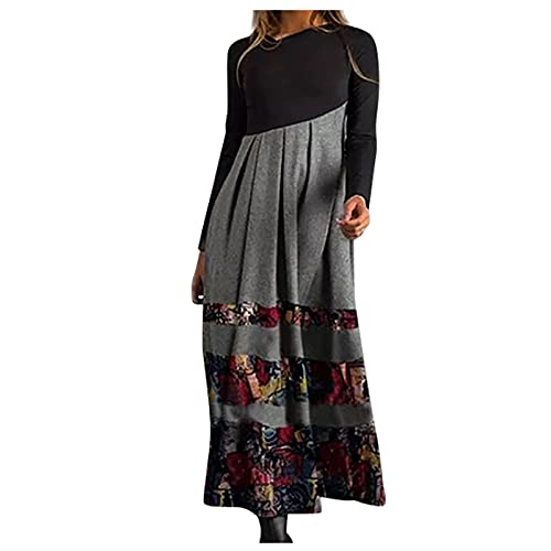 T Shirt Kleid Damen Rockabilly Kleider Damen Schwarzes Kleid Damen Elegant&I3 Vintage Patchwork V-Ausschnitt Maxi Kleid Langarm Casual Kleid Elegant Winter Hauskleider Gray 3XL von Generic