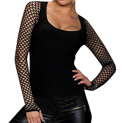 T Shirt Langarm Damen Pullover Cutout Netz Langarm Slim Fit Sexy Low Rundhals Punk T-Shirt Gothic Kleidung Y2K Oberteile Tunika Top Bluse Longshirt Hemden Sportshirt für Alltag Party Festliches Rock von Generic