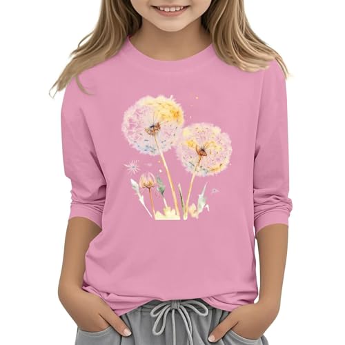 T Shirt Mädchen 3/4 Ärmel Tops Rundhals Baumwolle Oberteile Pullover Lässiges Kleidung Sport Running Tops Mode Casual Sportshirt Teenager Basic Freizeit Croptop Einfarbig (Hot Pink-F, 12-13 Years) von Generic