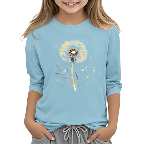 T Shirt Mädchen 3/4 Ärmel Tops Rundhals Baumwolle Oberteile Pullover Lässiges Kleidung Sport Running Tops Mode Casual Sportshirt Teenager Basic Freizeit Croptop Einfarbig Sommer (Blue-C, 6-7 Years) von Generic