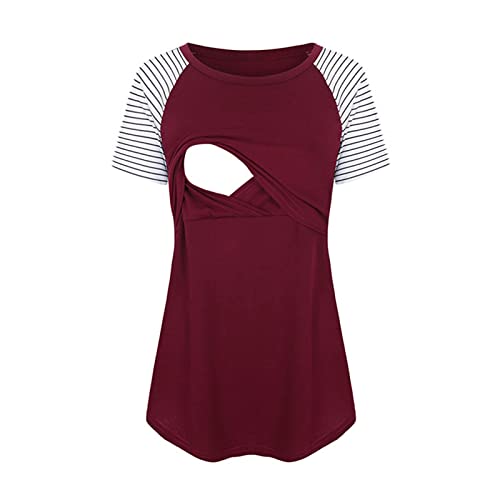 T-Shirt Short Womens Sleeve Maternity for Stilling Striped Tops Print Umstandsbluse Shirt V Ausschnitt Damen (Red, S) von Generic