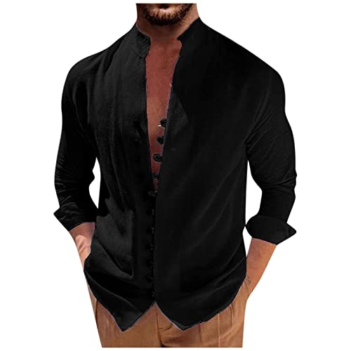 T-Shirt Weiß Herren Hemd Schwarz Herren Cowboy Hemd Stehkragen Einfarbig Knopfleiste Mittelalter Hemd Regular Fit Langarmshirt Baumwoll Leinen Sommerhemd Funktionsshirt (Schwarz, L) von Generic