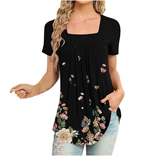 T-Shirt für Damen Elegant Tunika Oberteile Sommer Kurzarm Longshirt Blumendruck Plissee Bluse Leichtes Sommershirt Blusenshirt Festlich Shirts mit Eckiger Ausschnitt Lose Basic Sportshirt Tops Lang von Generic