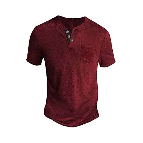 T-Shirts für Herren Henley Shirt in Used-Optik Oversize T Shirt Männer Shirts Mit Knopfleiste Kurzarm Sommer Kurzarmshirt Baumwolle Sportshirt Basic Shirts Streetwear Rot 3XL von Generic