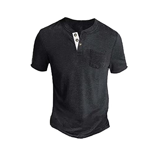 T-Shirts für Herren Henley Shirt in Used-Optik Oversize T Shirt Männer Shirts Mit Knopfleiste Kurzarm Sommer Kurzarmshirt Baumwolle Sportshirt Basic Shirts Streetwear Schwarz 3XL von Generic