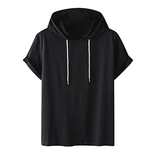 T-Shirts für Herren mit Kapuzen Sommer Tshirt Kurzarm Hoodie Ärmellose Hoodies Freizeit Kapuzenshirt Einfarbig Sweatshirt Hoody Männer Shirts Schwarz 4XL von Generic