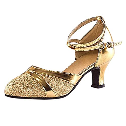 TMDD Standard Latein Tanzschuhe Damen Glitzer Ankle Strap Block Heel Pumps Hochzeitsschuhe Klassische Elegante Closed Toe Brautschuhe Ballsaal Tango Salsa Schuhe Damenschuhe Neu 37 Sneaker (Gold, 36) von Generic