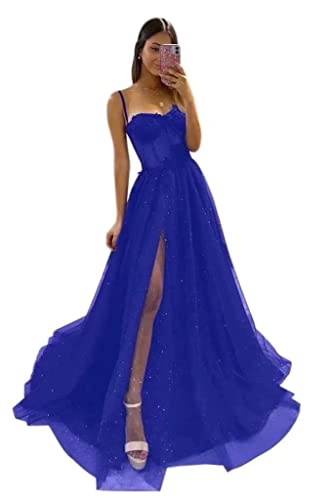 TTWGGUK Frauen Sparkle Tüll Applikationen Abschlussballkleider Spaghetti Träger Formale Abendkleider Eine Linie Long Slit Party Ball Kleider Plus Size Royal Blue von Generic