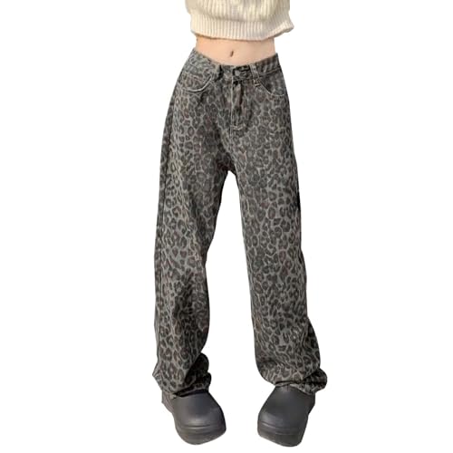 Tan Leopard Jeans für Frauen & Männer - Y2K Baggy Boyfriend Vintage Mode Komfortabel Trendige Freizeithose Mit Leopardenmuster von Generic