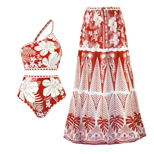 Tan Through Bikini Tankini Damen Oberteil Einzeln Damen Badeanzug Mit Strandüberzug Wickelrock Sarong Retro Bikini Set Mit Blumendruck Zweiteilige Breite Träger Badeanzug (Red M) von Generic