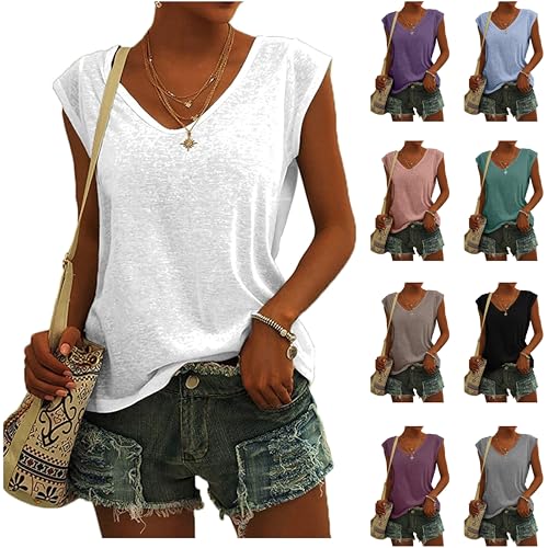 Tank Top Damen Ärmellose V-Ausschnitt Oberteile Lockere Tanktop Sommer Shirt mit Flügelärmeln Lässige Bluse Einfarbig Tanktops Teenager Mädchen Trägertop Stretch Tops Leichte Unterhemd Blusentop von Generic