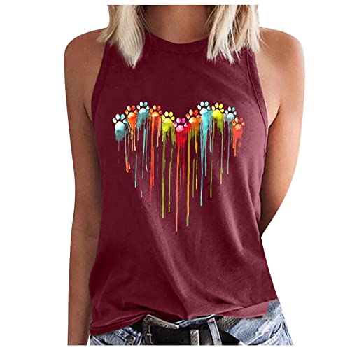 Tank Top Damen Bunt Herz Hundepfote Druck Tops Modische Ärmellos/Kurzarm Tshirt Locker Rundhals Tanktops Sommer Schulterfrei Bluse Lässig Oberteile Leichte Trägershirts Bequem Sommershirts von Generic