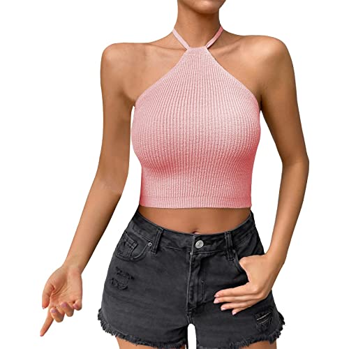 Tank Top Damen Sexy ärmellos Tanktop Basic ärmellos Shirt Tops Bauchfreies Spaghettiträger Cut Out Neckholder Stricktop Crop Top Trägertop Camisole Weste Tops für Mädchen Frauen von Generic