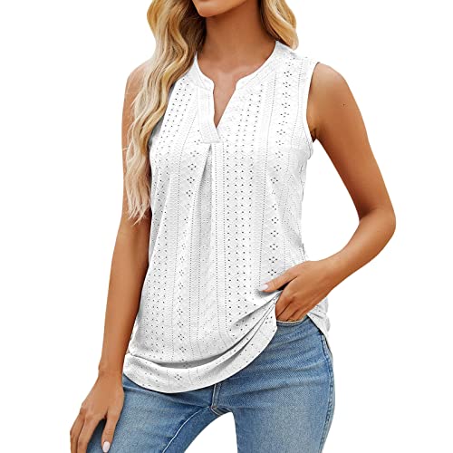 Tank Top Damen Sommer Ärmellos - Oberteile V-Ausschnitt Bluse Elegant Cami Tanktops Öse Stickerei Tunika-Tops Einfarbiges Basic Longblusen Bequeme Atmungsaktiv T Shirt Locker Blusenshirt von Generic