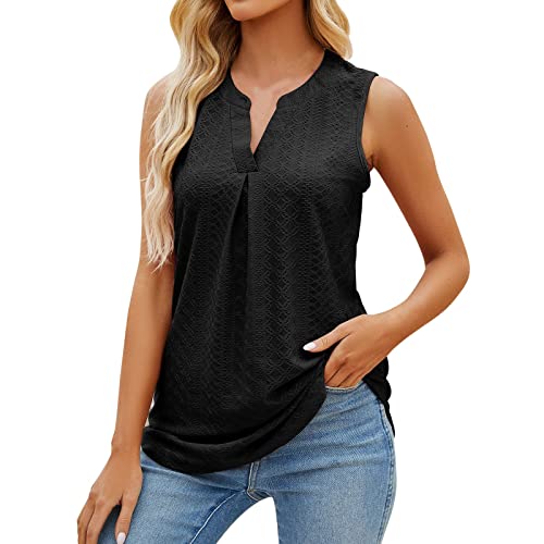 Tank Top Damen Sommer Ärmellos - Oberteile V-Ausschnitt Bluse Elegant Cami Tanktops Öse Stickerei Tunika-Tops Einfarbiges Basic Longblusen Bequeme Atmungsaktiv T Shirt Locker Blusenshirt von Generic