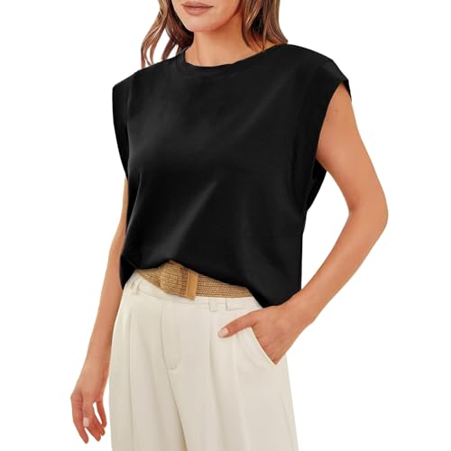 Tank Top Damen Sommer Ärmellose - Oberteile Flügelärmel T-Shirt Rundhals/V- Ausschnitt Blusen-Tops Einfarbig/Gestreift Tunika-Weste Basic Unterhemd Casual Arbeitshemd Business Blusenshirt von Generic