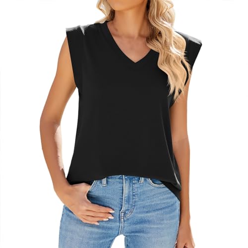 Tank Top Damen Sommer Ärmellose - Oberteile Flügelärmel T-Shirt Rundhals/V- Ausschnitt Blusen-Tops Einfarbig/Gestreift Tunika-Weste Basic Unterhemd Casual Arbeitshemd Business Blusenshirt von Generic