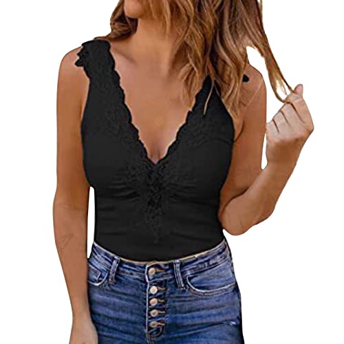 Tank Top Damen -Trägertop Damen Locker,V Ausschnitte Blusentops Damen Ärmellos Sexy Cami Top Einfarbig Oberteile Luftig Weste Tshirts Casual Shirt Tops Bluse Tunika Weiß/Schwarz Tanktops Frauen von Generic